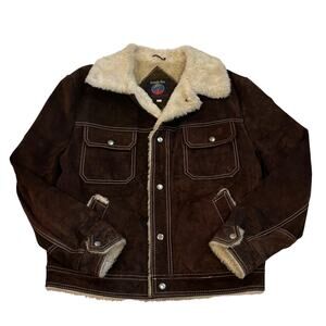 Vtg Suede Western Cowboy Trucker Jacket Mens 42 Med Brown Faux Shearling Hipster
